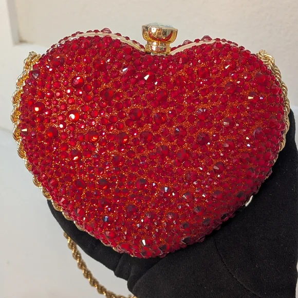 Women's Red Crystal Heart Evening Bag  Sparkly Rhinestone Clutch with Gold Chain - Picture 6 of 13